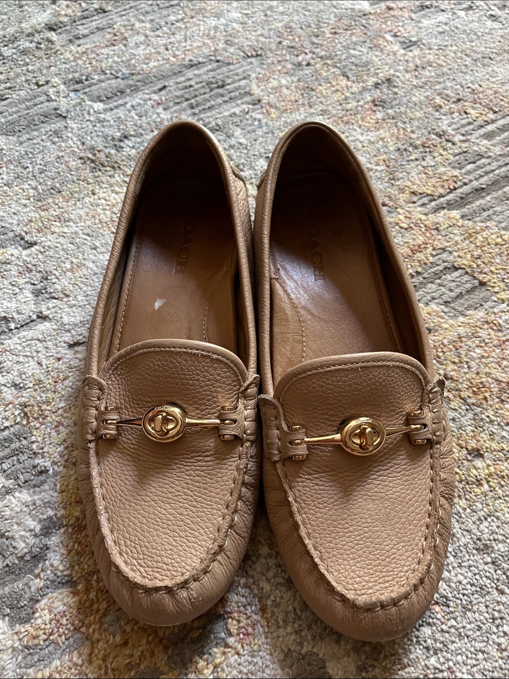 Coach Tan Pebbled Leather Loafers with Gold Bit, size 9B woman